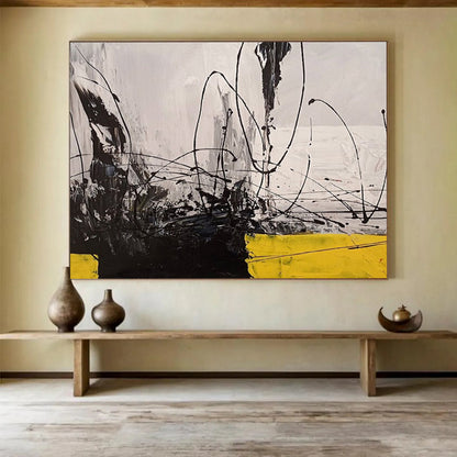 “Black, White, Yellow Gestural ‘Dynamic Dissonance’” - Abstract Gestural Painting On Canvas DLZ008