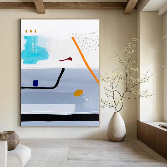 “Light Blue and Gray Abstract with Orange and Red Details” - Playful Abstract Painting On Canvas DKH1098
