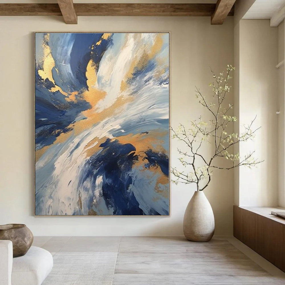 Blue - Gold Swirling Clouds - Abstract Impasto Acrylic CT1265