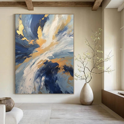 Blue - Gold Swirling Clouds - Abstract Impasto Acrylic CT1265