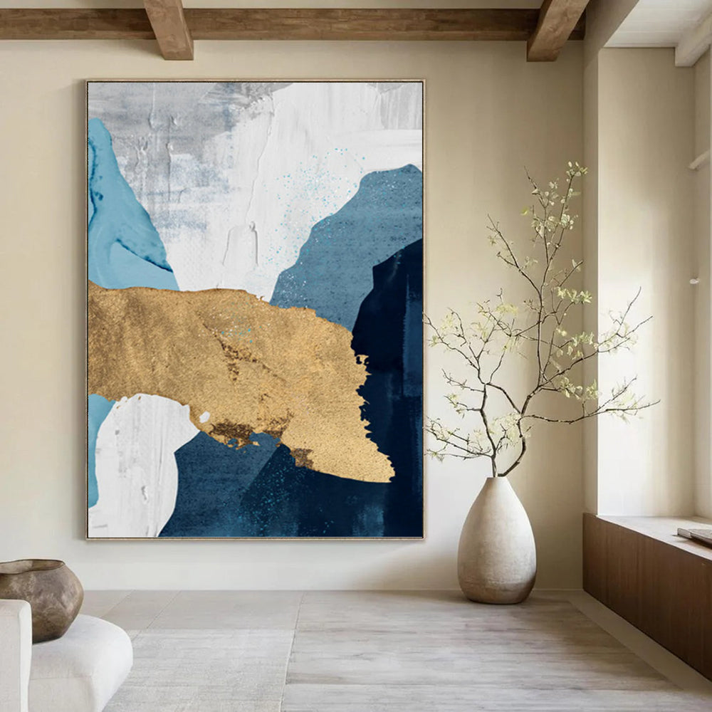 “Elegant Layers” - Blue, White, Gray & Gold Abstract Shapes Painting On Canvas DKH1527