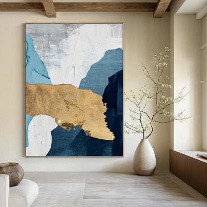 “Elegant Layers” - Blue, White, Gray & Gold Abstract Shapes Painting On Canvas DKH1527