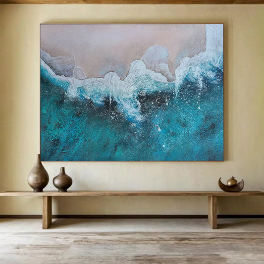 “Blue, White, Textured Shoreline ‘Aerial Beach View’” - Textured Seascape Painting On Canvas DLZ040
