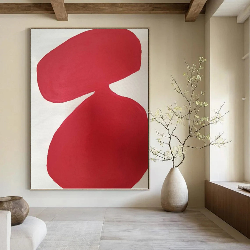 “Red Organic Shapes on White” - Minimalist Abstract Painting On Canvas DKH1079