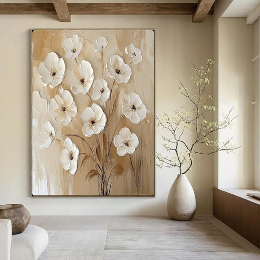 “Textured White Flowers on Beige” – Impasto Floral Oil Painting On Canvas CT2155