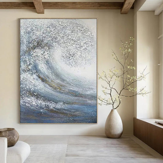 “Blue, White, Gold Swirling Wave ‘Celestial Sea’” - Impasto Sea & Gold Painting On Canvas DTP337