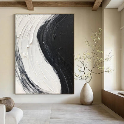 “Black, White Swirl ‘Yin - Yang Flow’” - Impasto Abstract Painting On Canvas DTP376