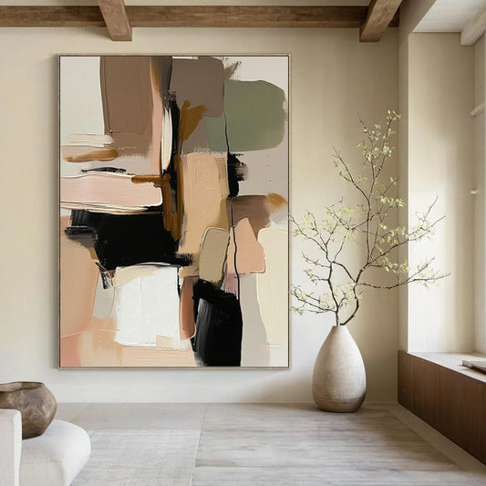 Earth Tones & Black Shapes - Abstract Geometric Painting On Canvas DKH1240