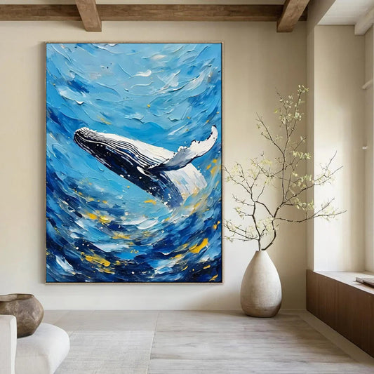 “Whale’s Leap: Textured Ocean in Blue & Gold” - Impasto Marine Oil on Canvas CT1881