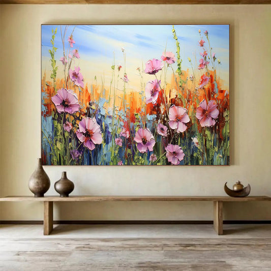 Impasto Wildflower Meadow - Pink, Orange & Blue Floral Painting On Canvas DKH903