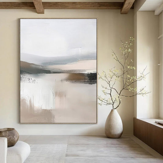 “Abstract Lake Reflections” – Modernist Landscape Oil Painting with Gray and Beige Textures CT2059
