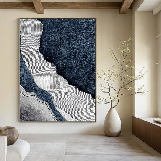 “Rippled River” - Blue, White & Gray Abstract Flowing Lines Painting On Canvas DKH1536