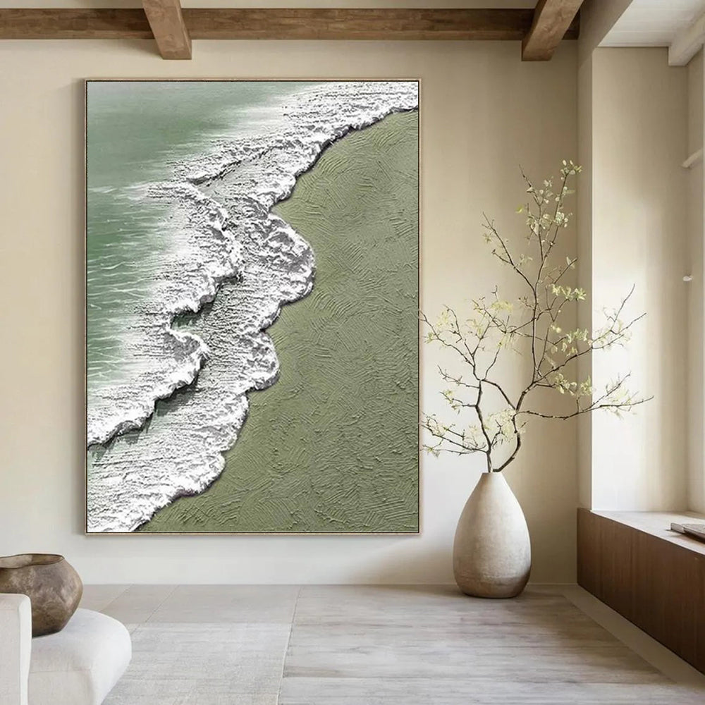 “Textured Beach Waves” - Green, White & Blue Textured Seascape Painting On Canvas DKH1200