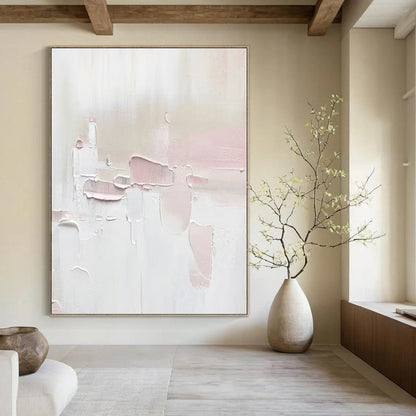 Soft Pink & White Textured Abstraction - Impasto Abstract Acrylic On Canvas CT1345