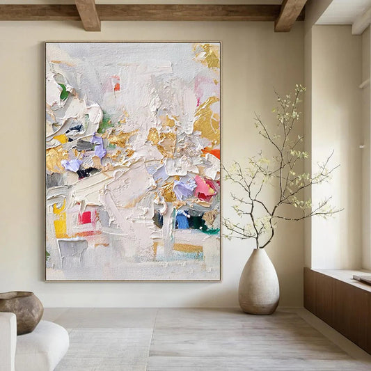 “Colorful Impasto Collage” - White, Gold, Purple, Pink & Yellow Vibrant Textured Painting On Canvas DKH1027