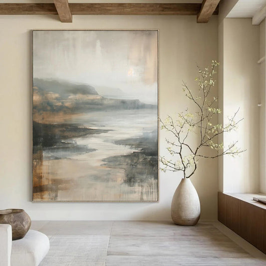 “Muted Tonal Landscape” - Gray, Brown & Beige Impressionistic Seaside Painting On Canvas DKH1001