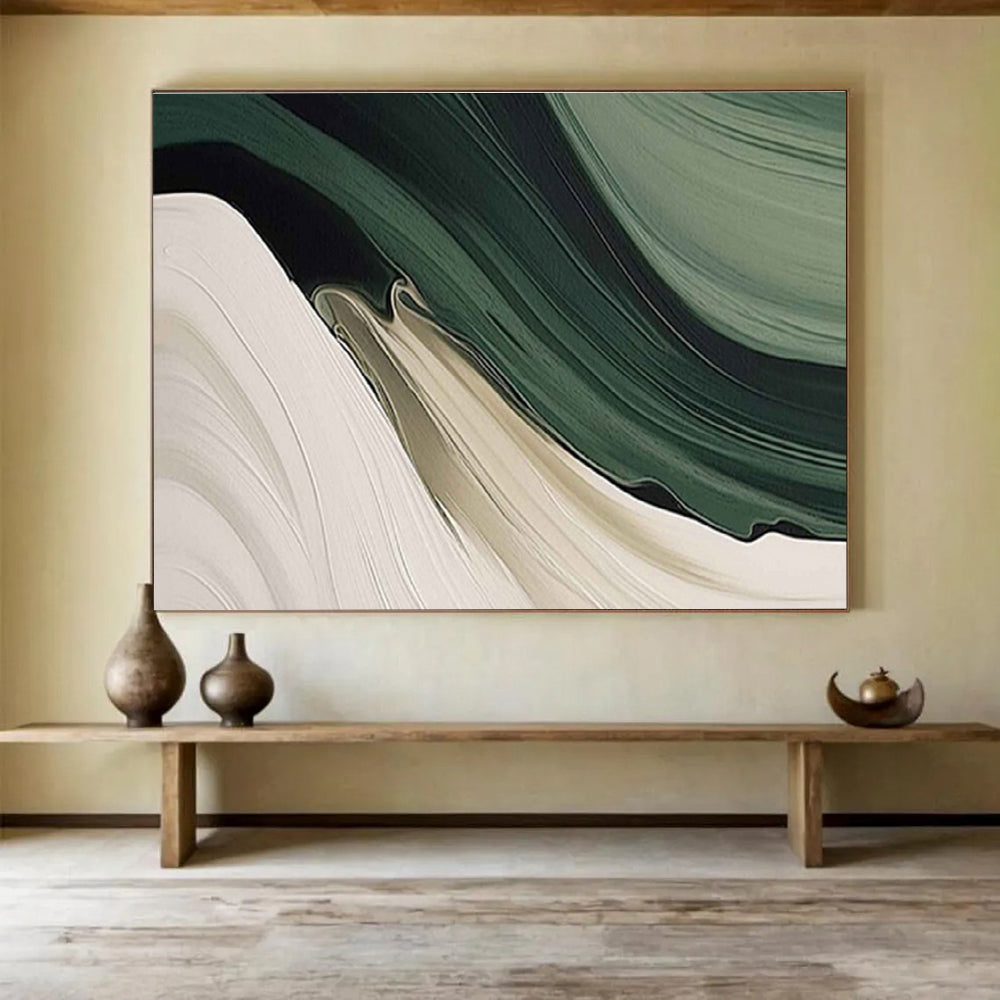 “Flowing Earth Tones” - Green, Beige, White Abstract Landscape Painting On Canvas DKH753