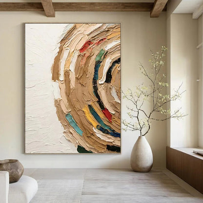 “Textured Circular Abstract with Earth Tones and Colorful Accents” - Impasto - Style Painting On Canvas DKH1118
