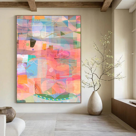 Colorful Collage Shapes, Light Hues - "Sunny Patchwork" - Mixed - media Abstract Art CT1862