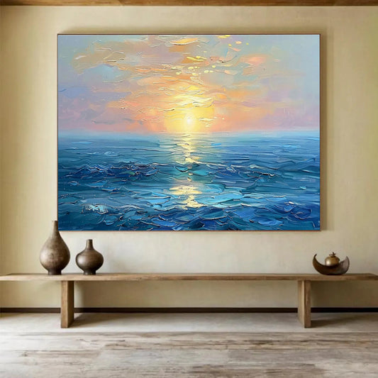 “Sunset Over the Sea” - Blue, Orange, Yellow Impressionistic Seascape Painting On Canvas DKH767
