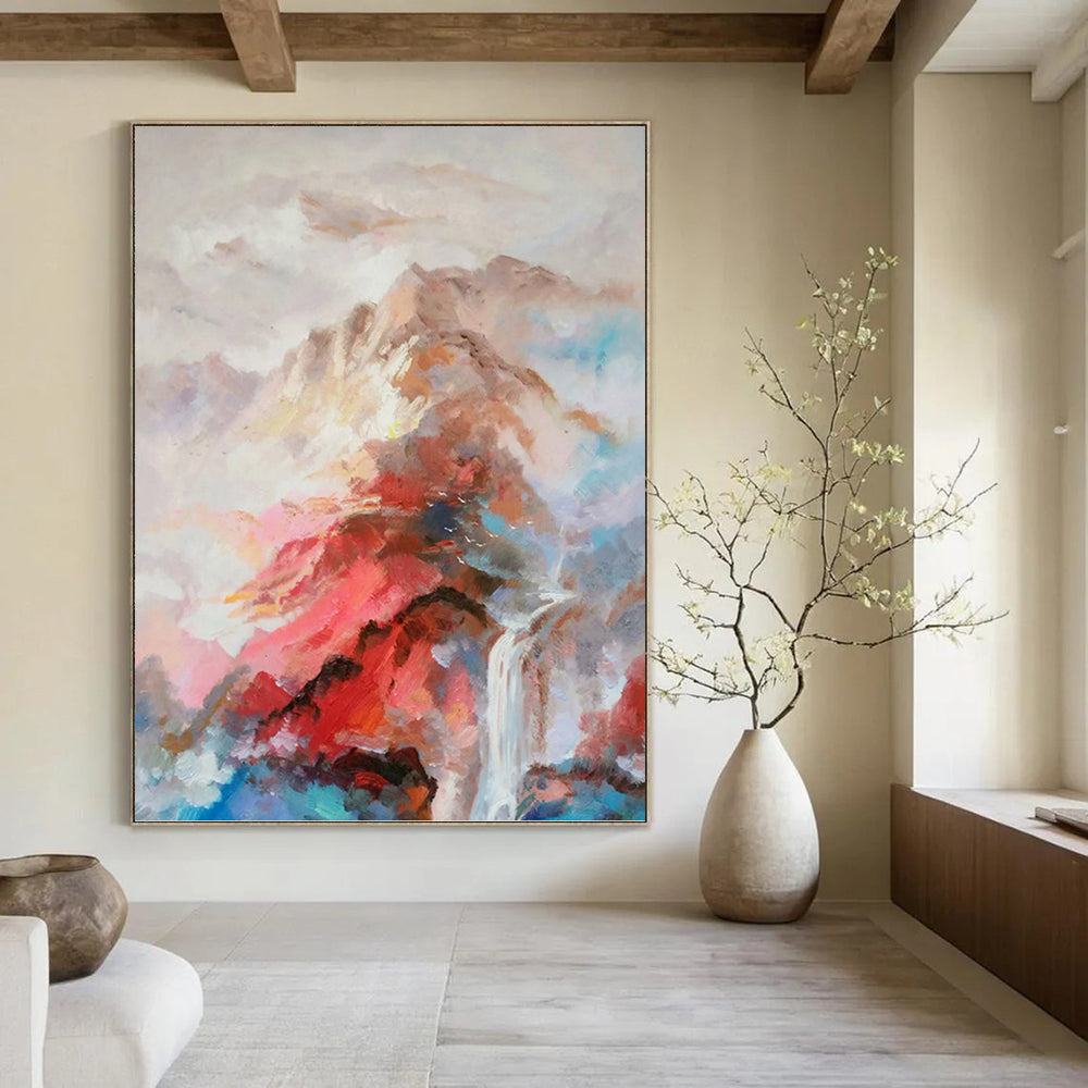 Colorful Mountain and Waterfall Landscape - Expressive Landscape Painting On Canvas DKH1348
