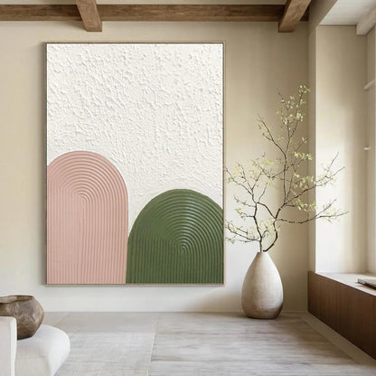 “Blush & Green Arches” - Pink, Green & White Textured Curves Painting On Canvas DKH1175