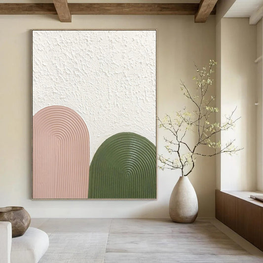 “Blush & Green Arches” - Pink, Green & White Textured Curves Painting On Canvas DKH1175