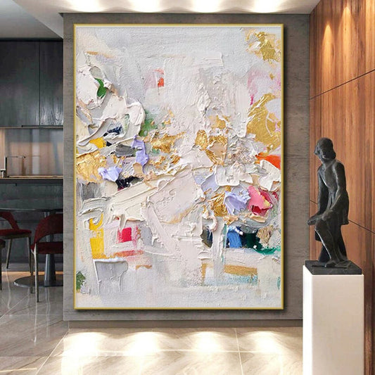 White - based with Colorful Thick Strokes & Gold Accents, “Glistening Mosaic” - Textured Abstract Oil Painting CT0723