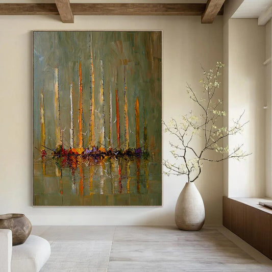 “Green, Orange, Yellow Sailboats ‘Harbor Harmony’” - Impasto Boat & Sea Painting On Canvas DTP330