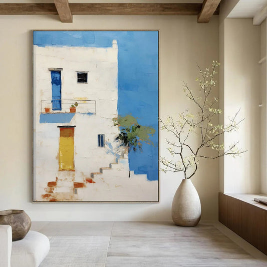 White Building, Blue Sky, Colorful Doors - "Mediterranean Charm" - Impressionistic Architectural Painting CT1837