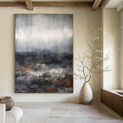 “Gray, Brown, White Abstract Seascape ‘Stormy Serenity’” - Impasto Seascape Painting On Canvas DTP368