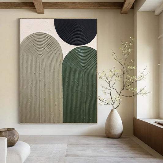 “Earthy Arches” - Black, Beige & Green Textured Curves Painting On Canvas DKH1166