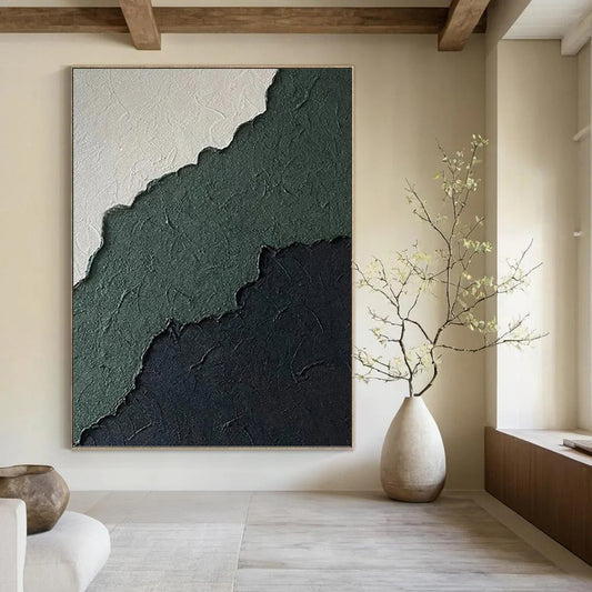 “Ragged Green & Black Textures” - Green, Black & White Textured Abstract Painting On Canvas DKH1218
