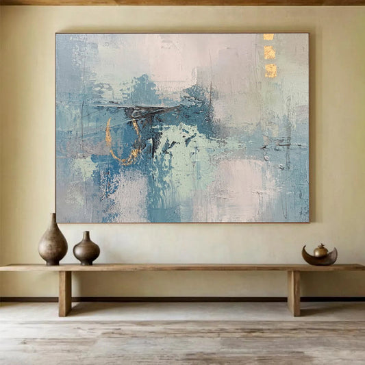 “Subtle Blue Abstract Layers” - Blue, Gray, Beige Minimalist Abstract Painting On Canvas DKH757
