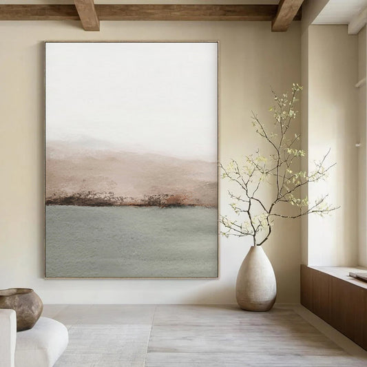 “Simple Horizon Calm” – Minimalist Watercolor Landscape with Beige, Gray, and Green Hues CT2062