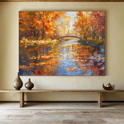 Autumn River with Bridge - Realist Landscape Painting On Canvas DLZ196