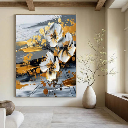 Gold - Accented White Flowers - Abstract Floral Mixed - Media CT1254