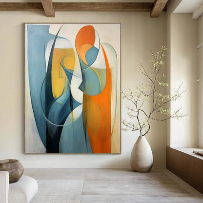 “Abstract Figures 1” - Blue, Orange & White Abstract Painting On Canvas CT2233