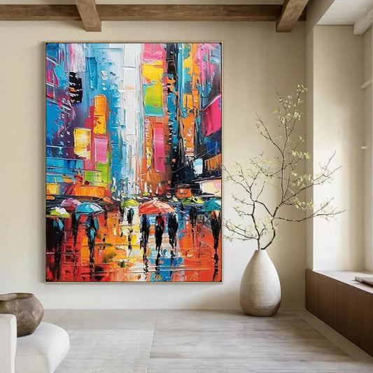 “Colorful Urban Rainy Street” – Impressionistic Cityscape Oil Painting On Canvas CT2141