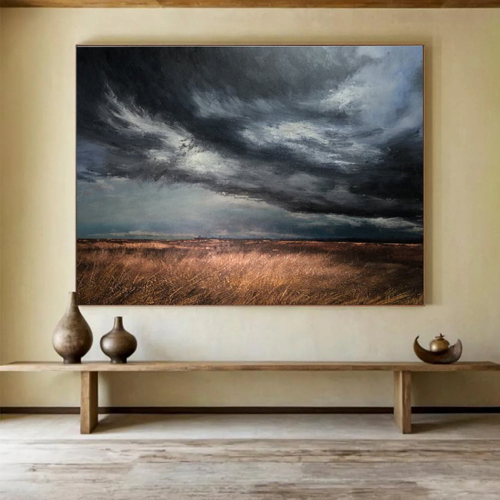 “Dark Stormy Sky Over Fields” - Powerful Landscape Painting On Canvas DKH779