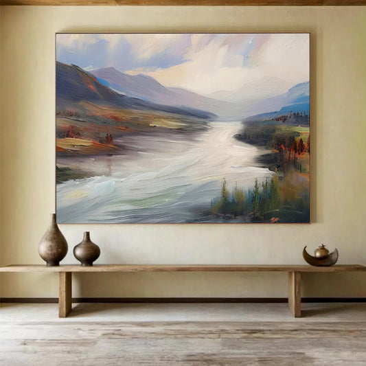 “Flowing River Landscape” - Blue, Gray, Brown Landscape Oil Painting On Canvas DKH726