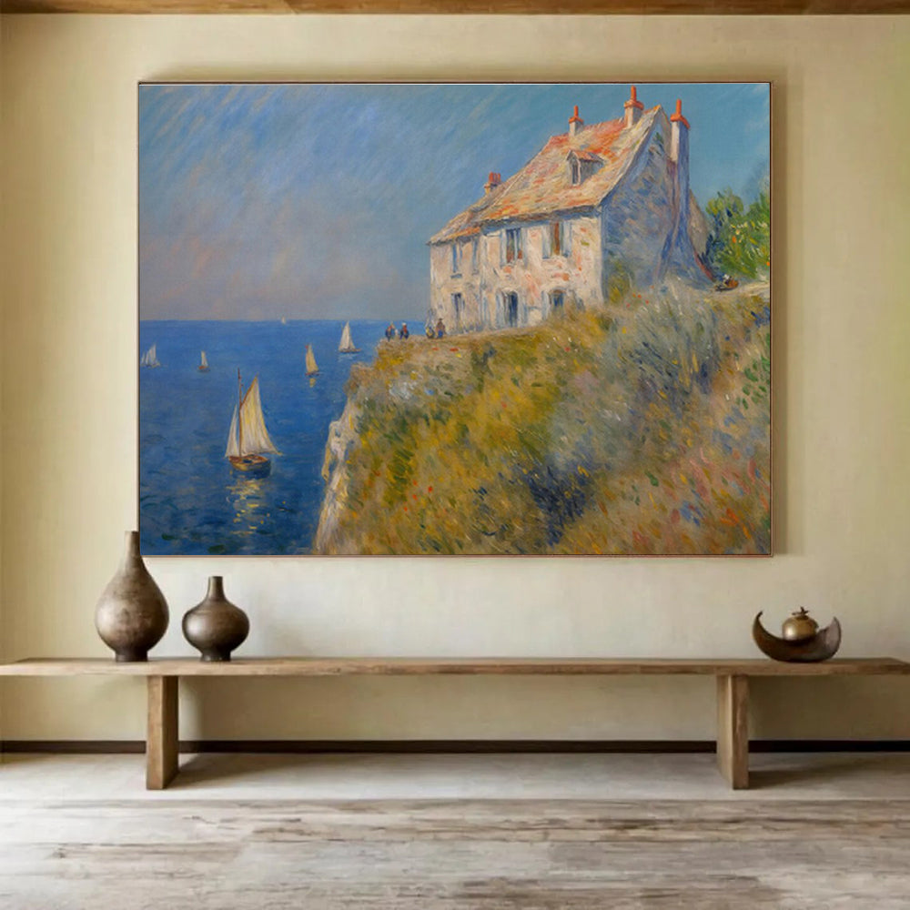 Coastal House with Sailboats Impressionist Painting On Canvas DKH222