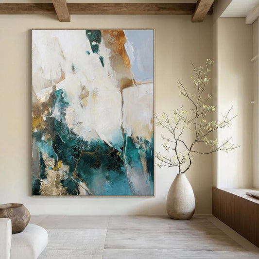 “Teal, Gold & White Abstract” - Teal, Gold & White Art Deco - Inspired Painting On Canvas DKH1013