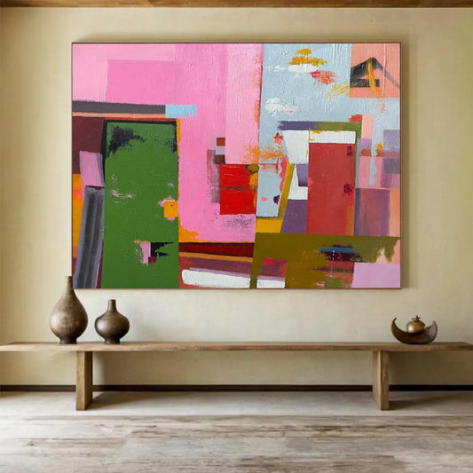 “Pink, Green, Color - Blocked ‘Vibrant Architecture’” - Abstract Cityscape Painting On Canvas DLZ013