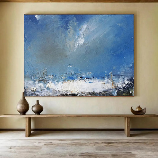 “Blue, White, Textured Seaside ‘Rough Coastal Sky’” - Impasto Seascape Painting On Canvas DLZ031