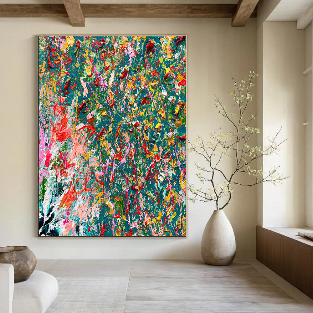“Color Explosion on Teal” - Abstract Expressionist - Style Painting On Canvas DKH1682