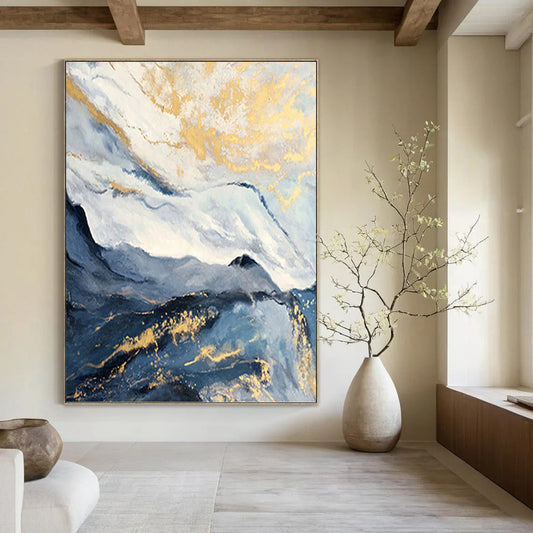 “Blue - Gray Mountain with Gold Streaks” - Blue, Gray & Gold Abstract Landscape Painting On Canvas DKH0943