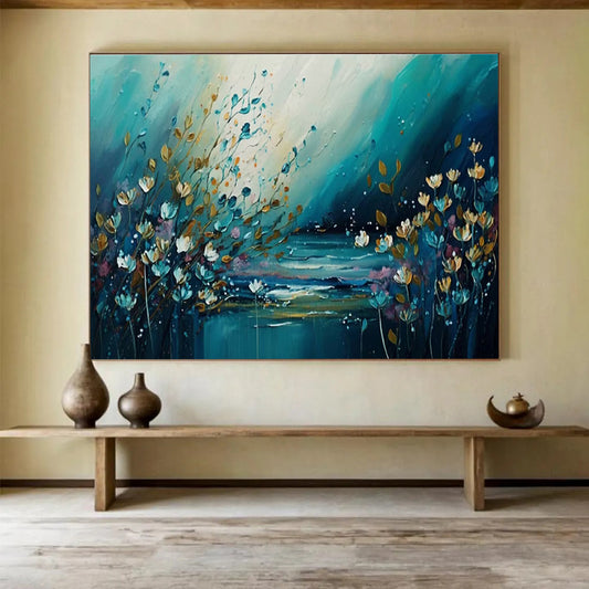 Riverbank Blooms - Teal & Gold Floral Landscape Painting On Canvas DKH879