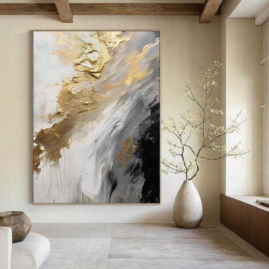 “Gold - White - Gray Flowing Abstract” - Gold, White, Gray Fluid Abstract Painting On Canvas DTP302