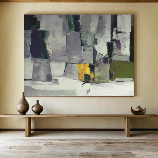 “Gray & Colorful Geometric Blocks” Abstract Cubist - Inspired Painting On Canvas DKH365
